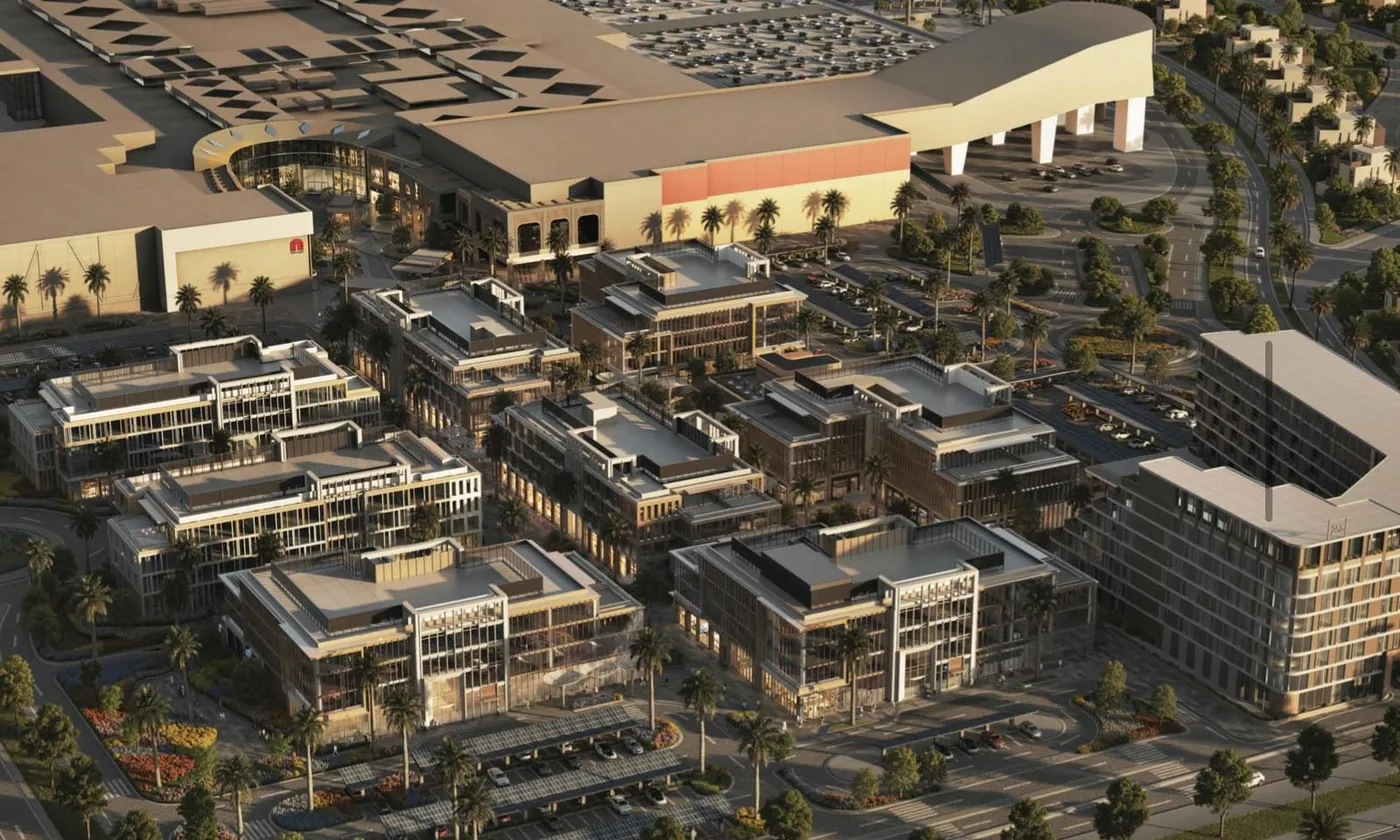 Aerial of Junction business park buildings and plazas next to Mall of Egypt