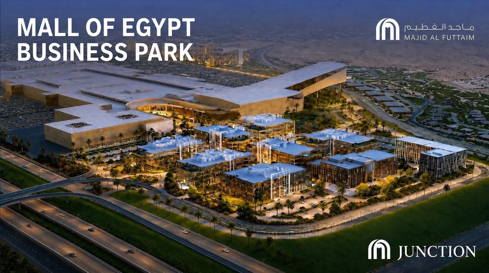 Aerial view of Junction Business Park office buildings connected to Mall of Egypt in West Cairo, by Majid Al Futtaim