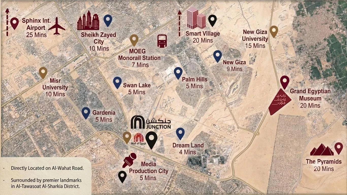 Map of Junction on Al Wahat Road next to Mall of Egypt with travel times to Sheikh Zayed, the Grand Egyptian Museum and Sphinx Airport