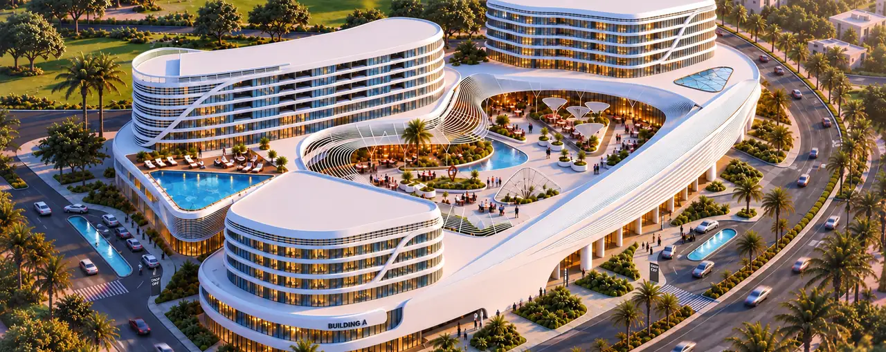 Aerial render of La Verde Signature: three curved buildings around a raised plaza with pools, R7 New Capital, by La Verde Developments