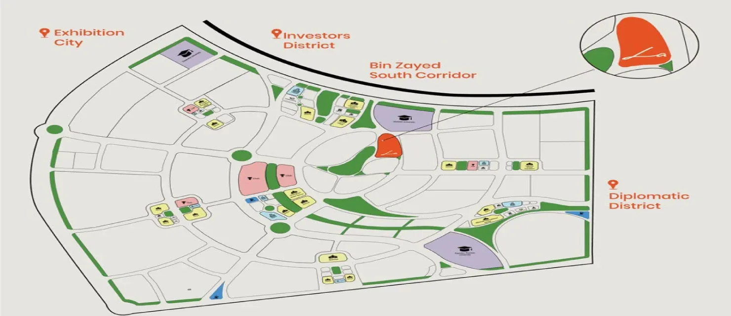 Map of the R7 district in the New Capital showing La Verde Signature facing the Swedish University, near the Bin Zayed South Corridor, Investors District and Diplomatic District