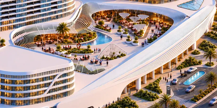Aerial render of La Verde Signature: the raised central plaza with pools, cafés and shaded seating between the buildings