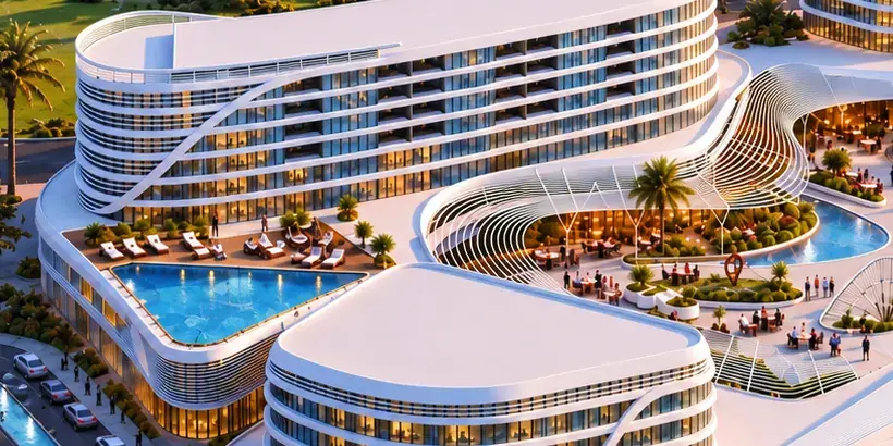 Pool terrace beside the hotel apartment building