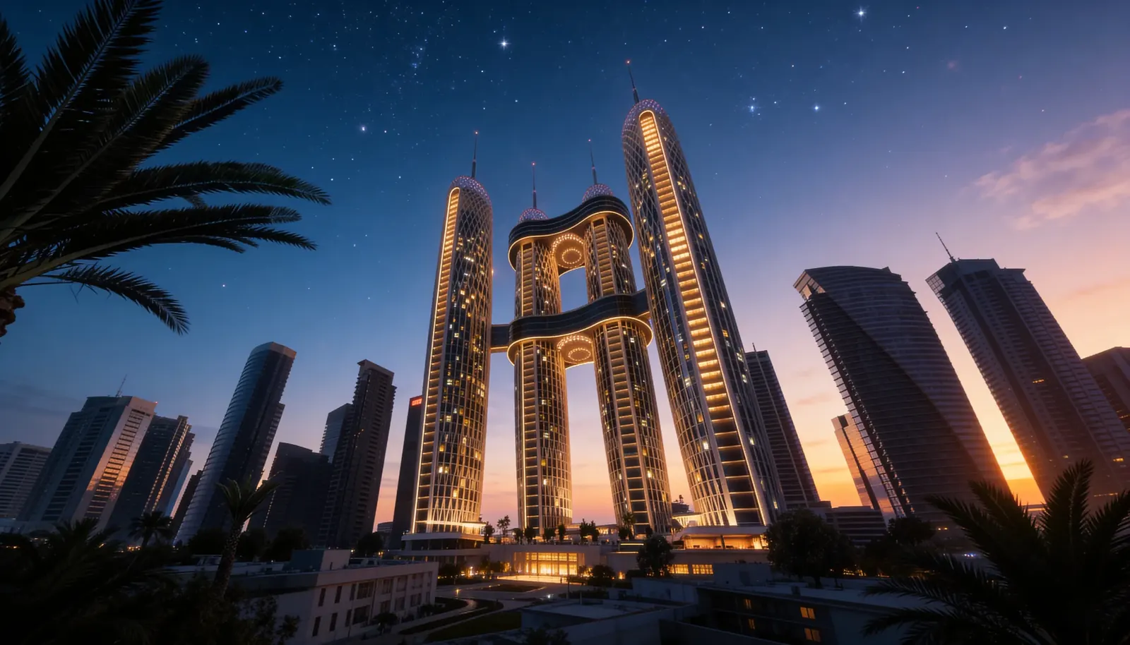 أبراج نايل بزنس سيتي عند الغروب في داون تاون العاصمة الإدارية الجديدة، من النيل للتطوير العقاري