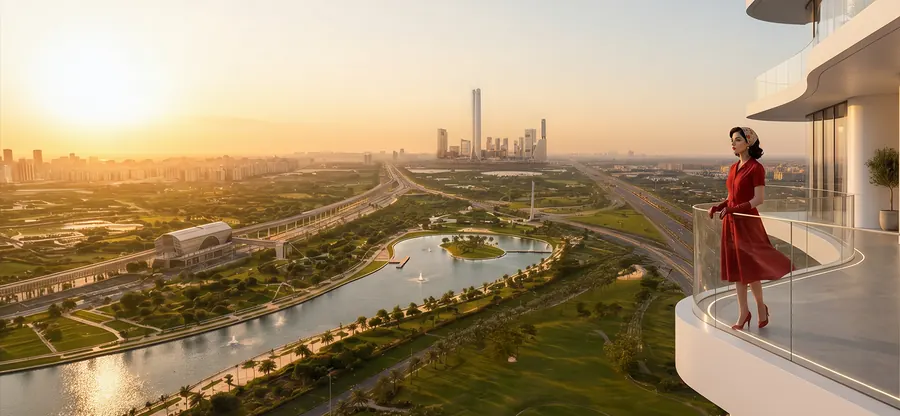 ريفر ديستريكت عند الغروب: شرفة برج سكني تطل على بحيرة العاصمة والنهر الأخضر في العاصمة الإدارية الجديدة