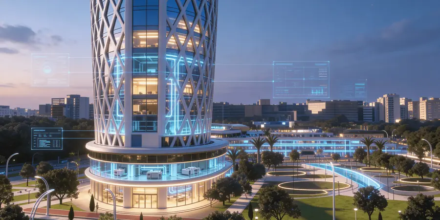 Tycoon Center podium and entrance at dusk with landscaped gardens and water features, Nile Business City, New Capital