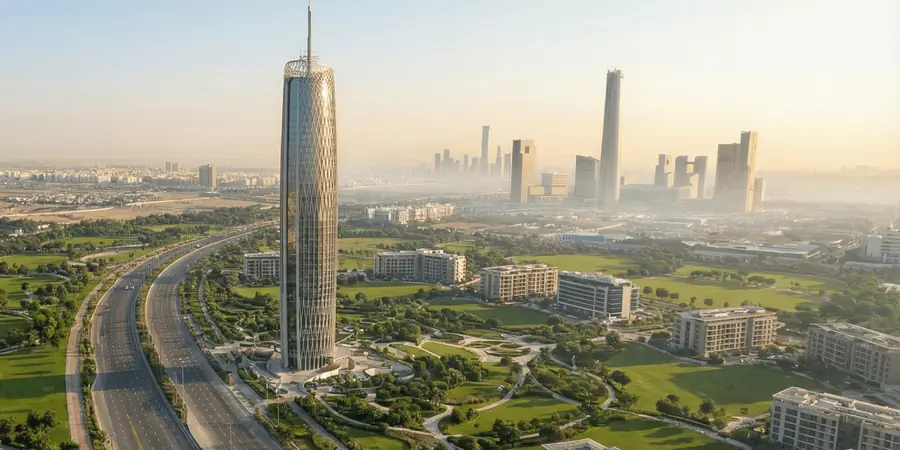 Tycoon Center rising above the New Capital skyline at sunrise