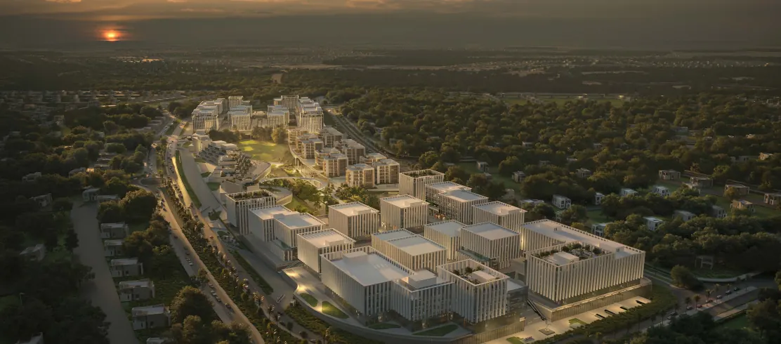 Aerial view of W55 at sunset in New Cairo: office clusters, central park and lake by The Waterway Developments