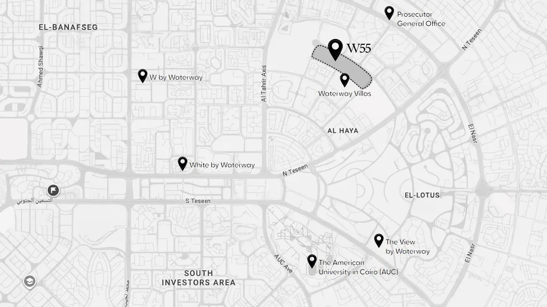 Map of W55 in New Cairo opposite Waterway Villas, near North 90th Street, Al Tahrir Axis, El Nasr Road and AUC