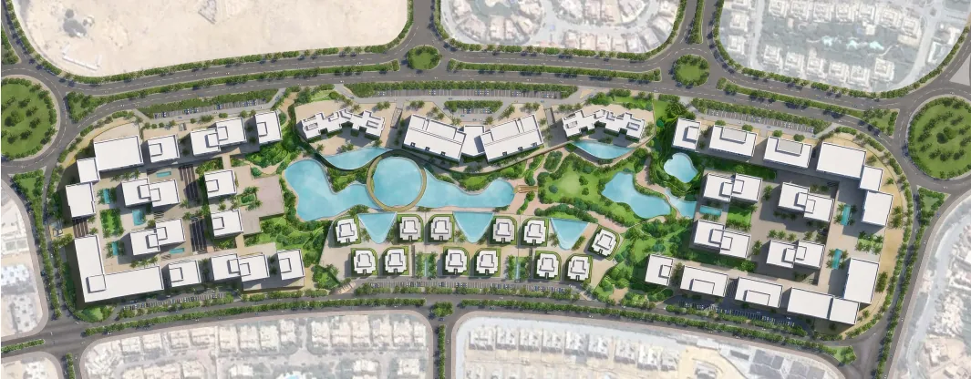 W55 colour masterplan: office clusters around the lake, central park and circular bridge, New Cairo