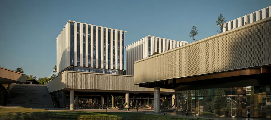 W55 New Cairo office buildings with white vertical fins above a lake and landscaped podium, by The Waterway Developments