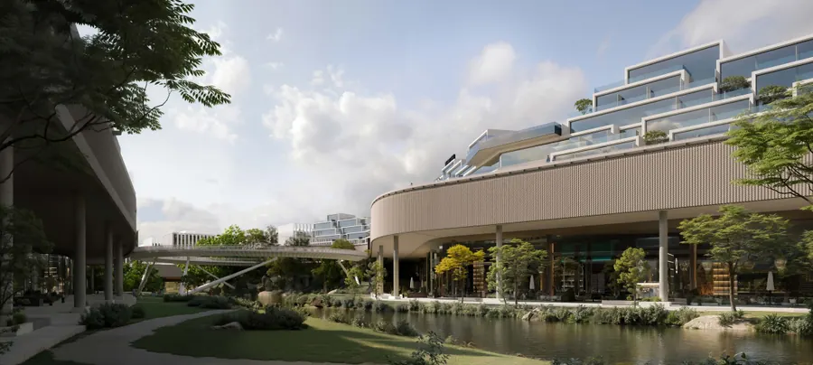 W55 retail podium with shops and terraces beside the lake and the circular bridge, New Cairo